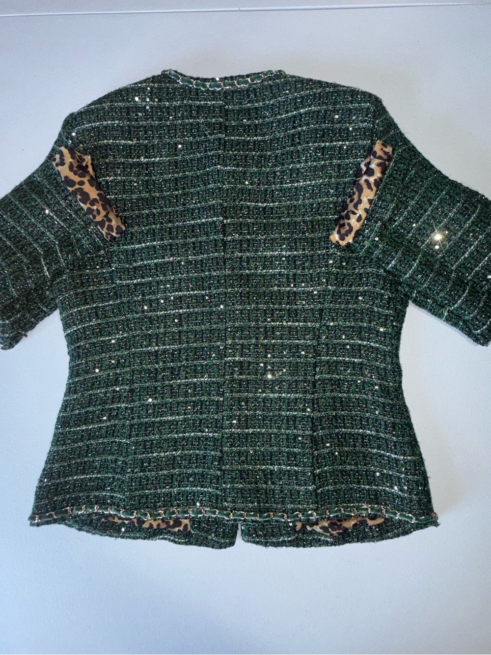 Boston Proper Size 10 Emerald Green Tweed Chain Detail Sequin Jacket Blazer - Picture 5 of 15